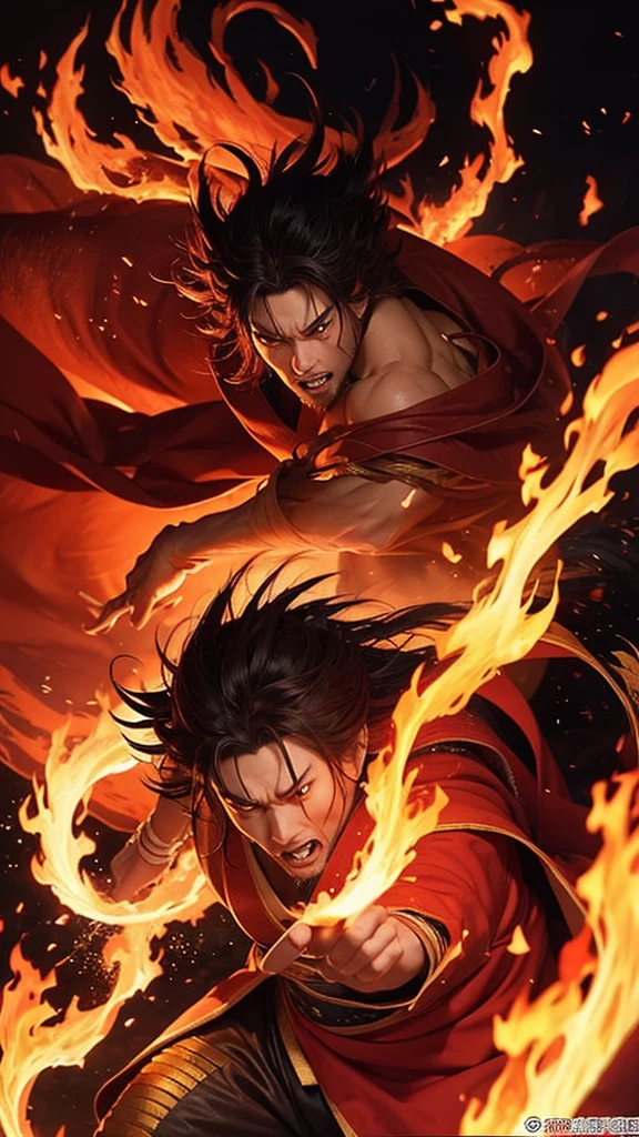 Please draw the moment when Kyojuro Rengoku uses flame breathing to defeat a demon.。Flames rising in the background、Rengoku's expression is full of determination.。