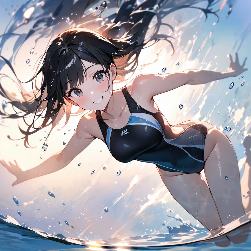 Top quality, masterpiece, watercolor painting, long black hair, black eyes, competitive swimsuit, glowing water drops, double exposure, swimming in the pool, splashes, best smile, light reflections on the water surface,Show the whole body