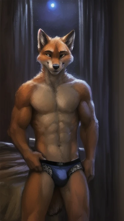 Masterpiece, best quality, male fox den 1.3, posted to e621, zaush, kenket, suggestive pose 1.2, sexy, seductive 1.5, seductive smile, suggestive smile, black, (((underwear, medium bulge, muscular, solo, bedroom, displaying standing muscles, night, not nsfw, alone)))