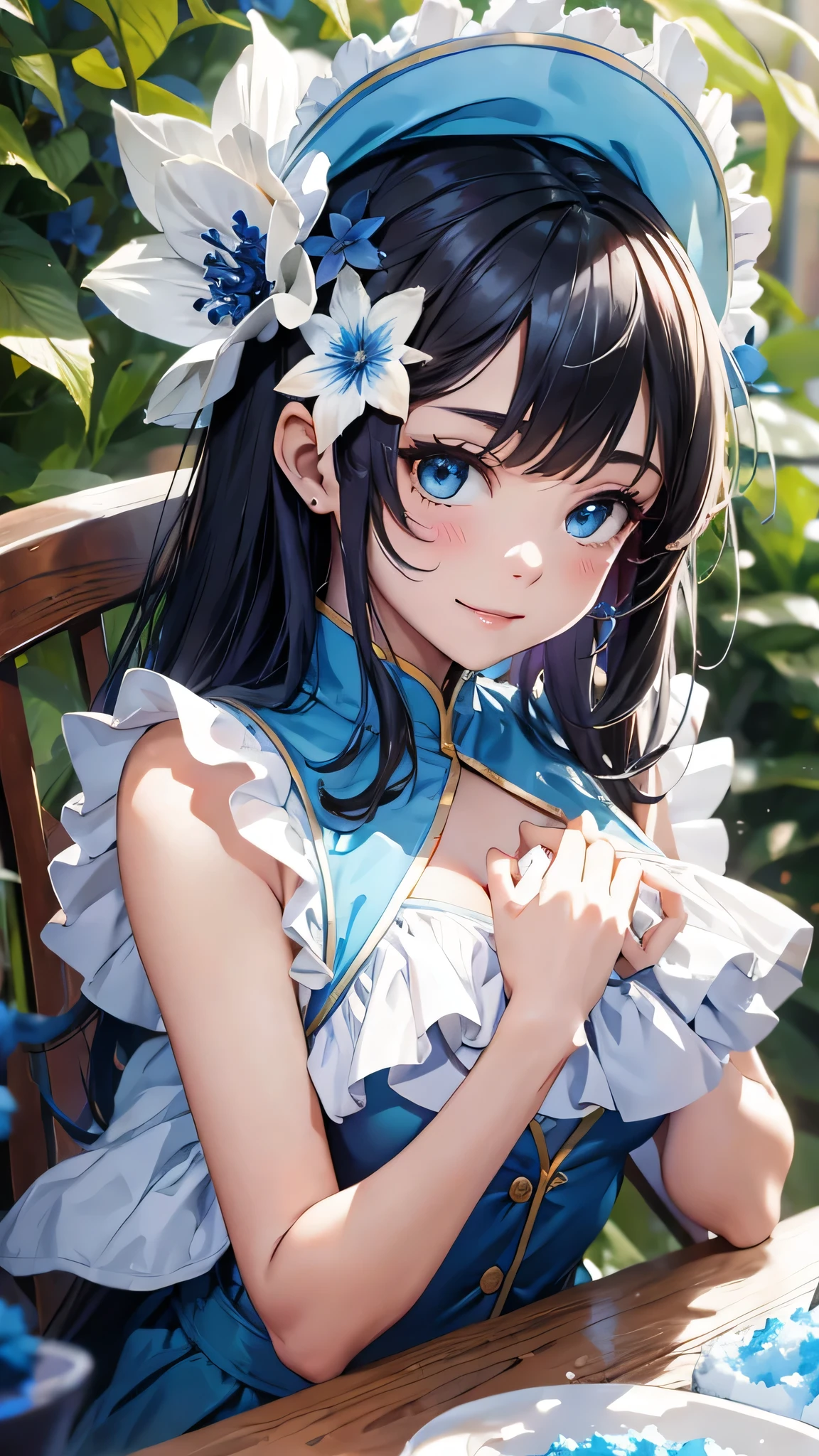 最high quality、Best image quality、masterpiece、With a girl((cute、、Best Bust、Medium Bust、Bust 85,Beautiful Blue Eyes、Spread your chest wide,Black Hair、Slender、The best valley、、Blue sleeveless shirt、White shorts,Show the whole body、Blue Mesh,Leaning forward greatly、Blue hat、Blue flower hair ornament,Face Paint,smile)）high quality、Beautiful art、background((summertime、White table、White chair、shaved ice、)),Tabletop、Exquisite design、Visual Arts、Depth of written boundary、Best lighting、Highest detail、8ｋ