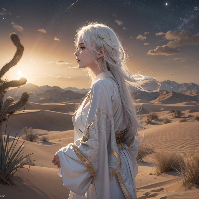 (Highest quality、masterpiece、8K、Best image quality、Ultra-high resolution、Award-winning works)、A beautiful white-haired woman watches over us from afar in the desert........, Where the moonlight shines.、Ancient Islamic clothing、Beautiful face drawn in every detail