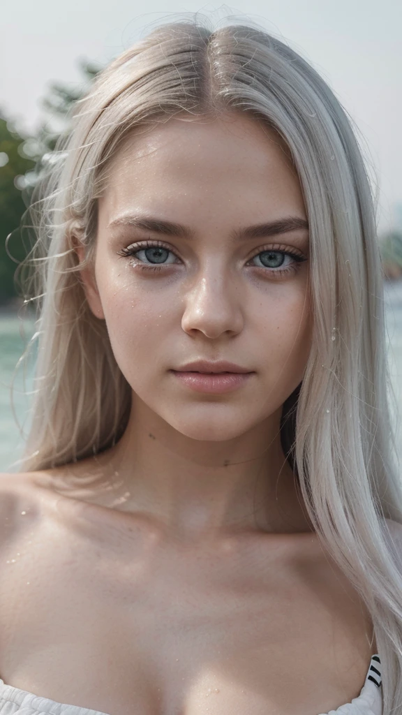 (best quality, 8k, 32k, masterpiece, UHD:1.2), masterpiece, perfect portrait, (..RAW), natural lighting, photo of a ((Best Quality)), ((Masterpiece)), (Detailed), Perfect Face, 1.1, Highly Detailed Face and Skin Structure, Detailede Augen, 21 Year Old Ukrainian Shatnek., Cute Vacation Pictures, Cute Modern , Cute Makeup , aesthetic photos on Instagram , (very straight platinum hair), perfect face, closed mouth, (extremely detailed eyes),Jiggle Physics, (highly detailed skin), pale skin, photographed on a Canon AE-1 , 75mm f1.8 lens, 55-175 mm, ISO 900, ((filmic grain)), (summer wear)
