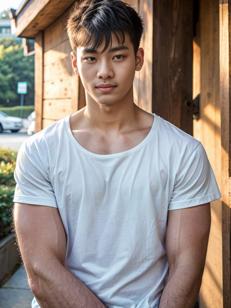(best quality, 4K, 8K, high resolution, Masterpiece: 1.2), Special details, (realistically, As realistic as a photo, photo realistic: 1.37), Edge lighting, Extra detailed coloring, sharp focus, Physical rendering ,Extremely detailed description,professional,light color,Bokeh,Portrait,look at the viewer,
Young Asian man, 20 years old ,(Wear a white t-shirt)