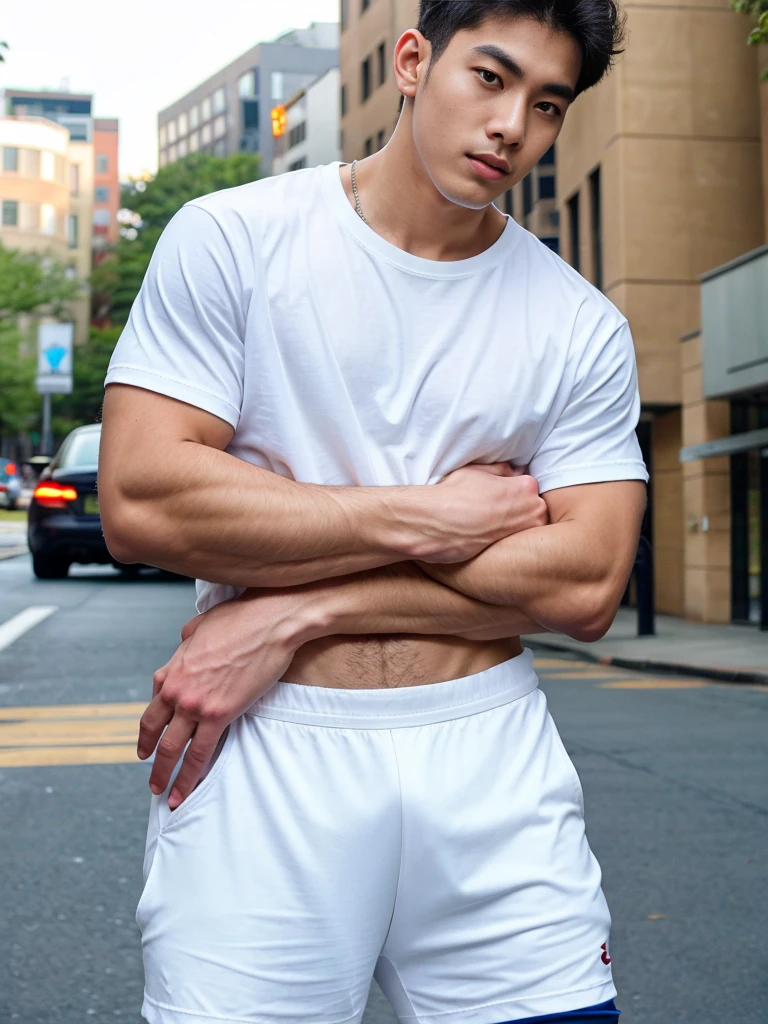 (best quality, 4K, 8K, high resolution, Masterpiece: 1.2), Special details, (realistically, As realistic as a photo, photo realistic: 1.37), Edge lighting, Extra detailed coloring, sharp focus, Physical rendering ,Extremely detailed description,professional,light color,Bokeh,Portrait,look at the viewer,
Young Asian man, 20 years old ,(Wear a white t-shirt)