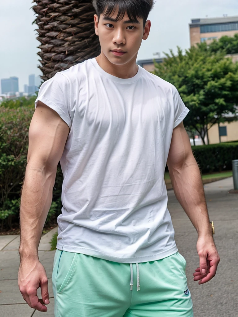 (best quality, 4K, 8K, high resolution, Masterpiece: 1.2), Special details, (realistically, As realistic as a photo, photo realistic: 1.37), Edge lighting, Extra detailed coloring, sharp focus, Physical rendering ,Extremely detailed description,professional,light color,Bokeh,Portrait,look at the viewer,
Young Asian man, 20 years old ,(Wear a white t-shirt)