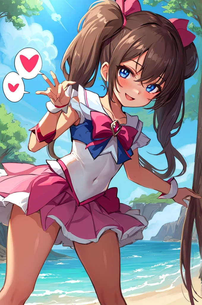 1girl,,tanned body,twintail,,,outdoor,looking viewer,,,(((magical girl,fantasy))),glossy lips.(spoken heart),smirk,open mouth,nature,,