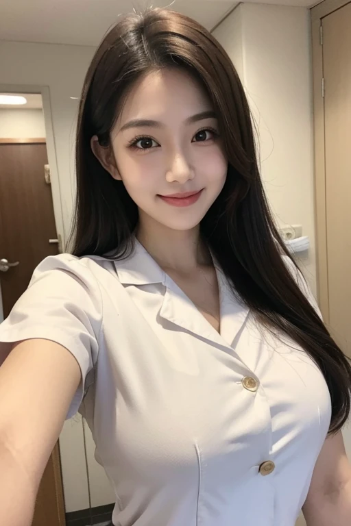 one woman,nurse's outfit,peace sign,large breasts,beautiful face,double eyelid,smiling,medium hair,hospital,high quality