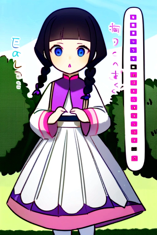  Make a hashira of 1,49, who is , cute and smart face, She has long black hair with purple highlights, her front bangs cut just a little above the eyebrow and cute points on the side, Your skin is clear, has blue eyes like Gyiu Tomioka, but with shine that he doesn&#39;t have, your face is cute, with little pink mouth, more or less big eyes, She wears a stylish skirt uniform, and open,  not the same in Mitisuri, é somentand open no colo do peito, It has a long and stylish sleeve, and white socks with purple gradient, your haori is like your socks, she uses wind breathing, However, there is a certain difference from sanemi, She has a hairstyle with braids from one end to the other horizontally of her hair., She wears not so big dangling moon earrings, she is intelligent and skilled among the hashiras. Does she talk to Muichiro after he gets her memories