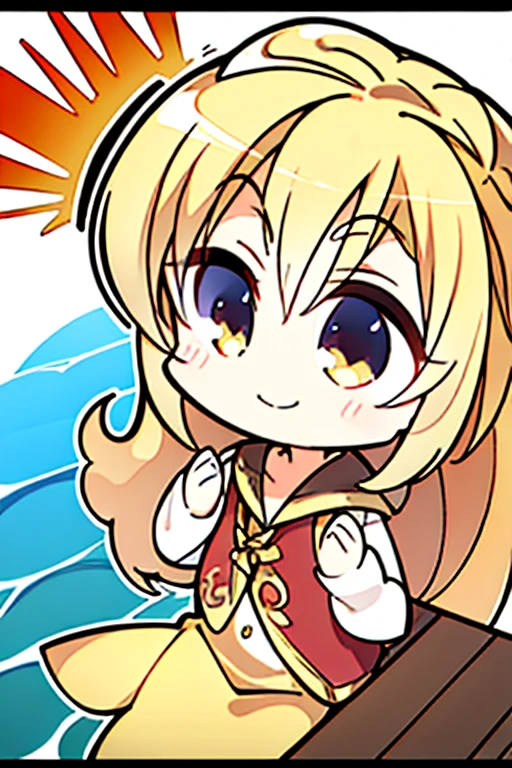 perfect face, perfect hands.. A blonde haired female angel with hazel eyes and golden wings in a conservative pirate captain's outfit is smiling on a cliff on a tropical island