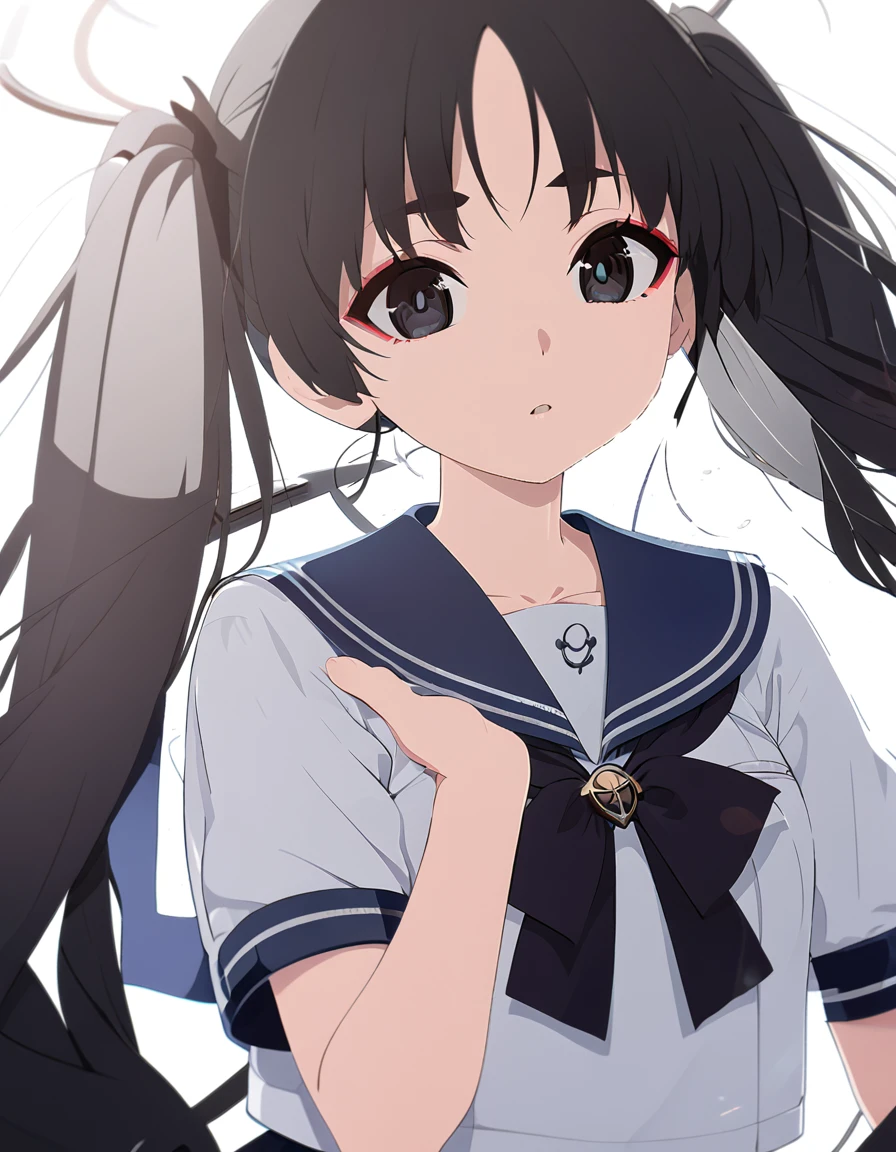 Super detailed,(Highest quality),((masterpiece)),(High resolution),original,Highly detailed 8k wallpaper,(Very delicate and beautiful),Highest_hand,anime,Black Hair,Twin tails,black eye,Sailor suit,Wearing a little makeup,cute,Upper body only,Beautiful pupils,White background