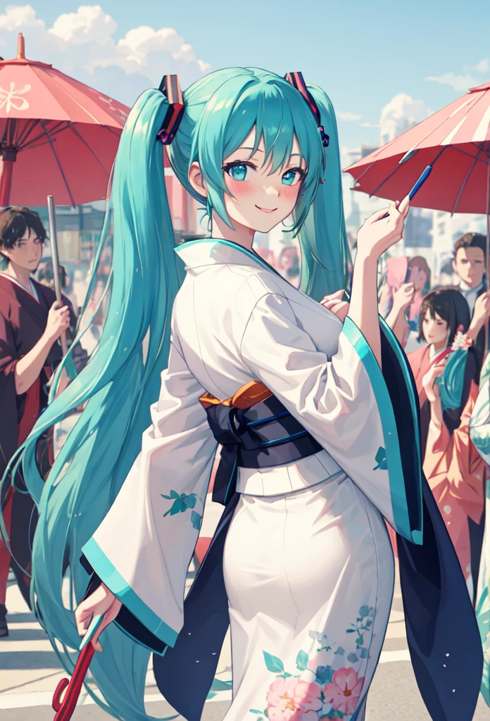 best quality, masterpiece, high resolution, Solitary, (Hatsune_future_Blue Files:1.10), 1 Girl, Wide sleeves, Long sleeve, Looking at the audience, Heart, blush, Flowering, Smile, Holding an umbrella, Oil-paper umbrella, outdoor, Floral, White Kimono, Shut up, Printed Kimono, 14 ，Dancing