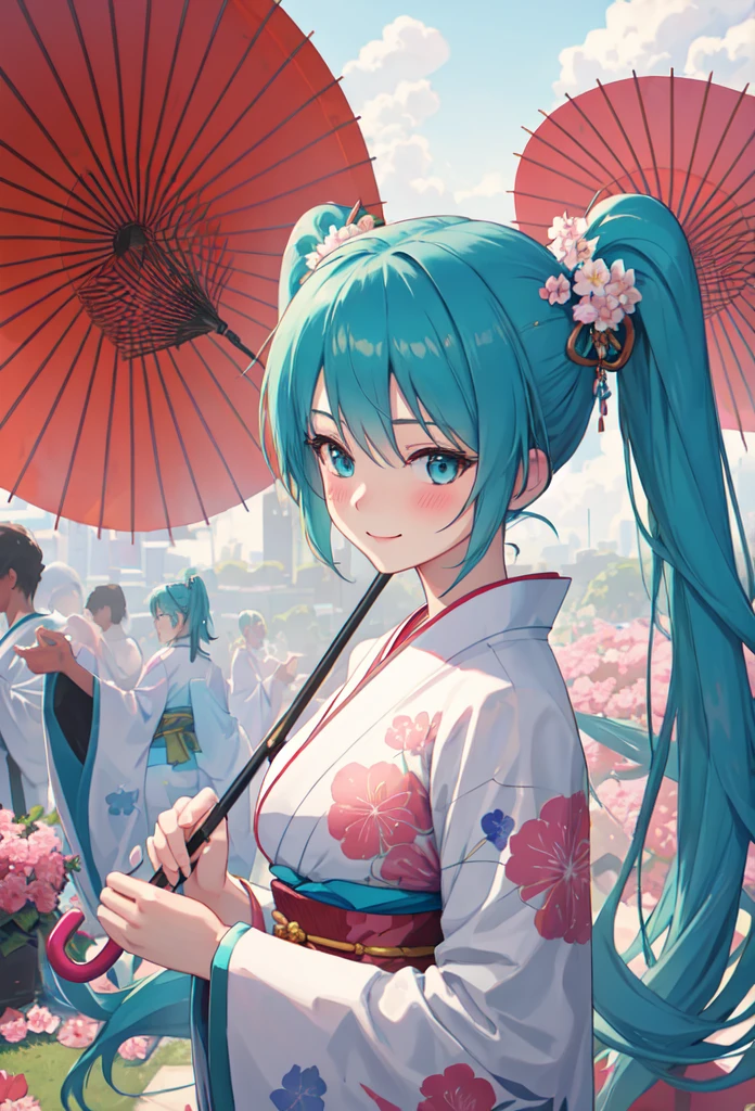 best quality, masterpiece, high resolution, Solitary, (Hatsune_future_Blue Files:1.10), 1 Girl, Wide sleeves, Long sleeve, Looking at the audience, Heart, blush, Flowering, Smile, Holding an umbrella, Oil-paper umbrella, outdoor, Floral, White Kimono, Shut up, Printed Kimono,  ，Dancing