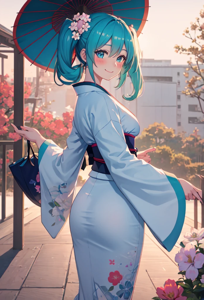 best quality, masterpiece, high resolution, Solitary, (Hatsune_future_Blue Files:1.10), 1 Girl, Wide sleeves, Long sleeve, Looking at the audience, Heart, blush, Flowering, Smile, Holding an umbrella, Oil-paper umbrella, outdoor, Floral, White Kimono, Shut up, Printed Kimono, 14 ，Dancing