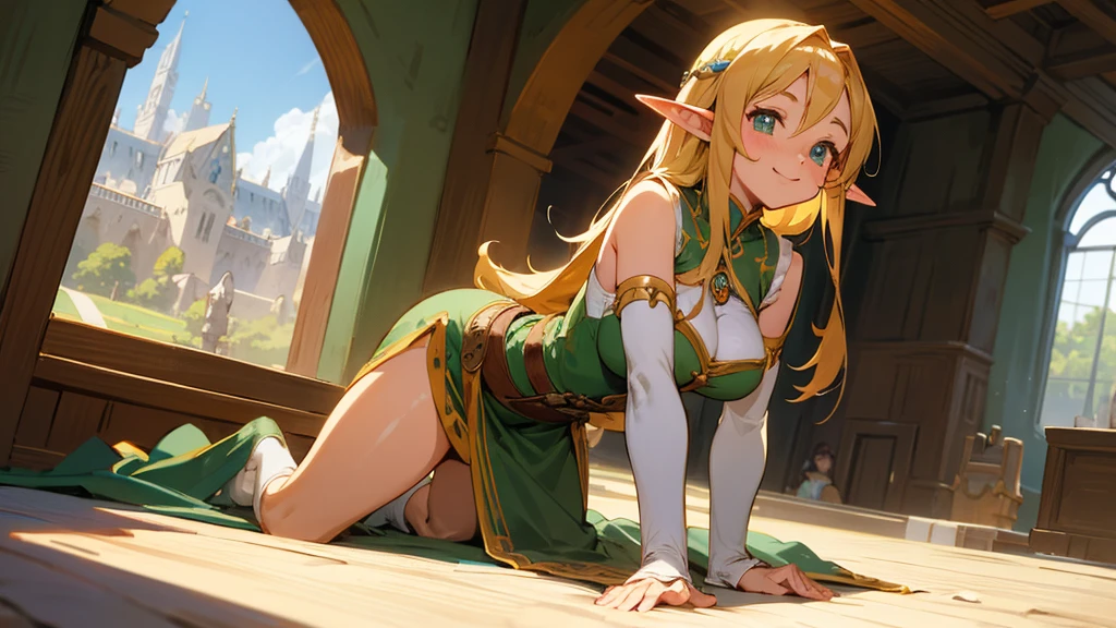 Anime Style,Nostalgic,Detailed background,The medieval world,Inside the bustling airship,Smiling bard beautiful elf girl,Large Breasts,Healthy thighs,Underarm,On all fours