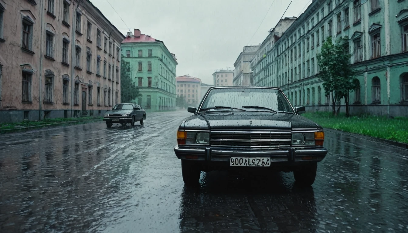 Black car from the 90s, driving against the background of old Soviet buildings, rain, rainy weather, rain, cinematic scene, cloudy weather
