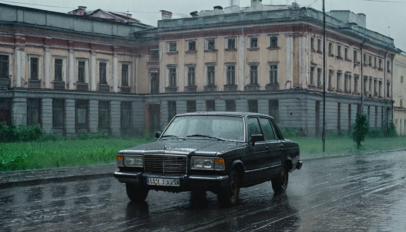 Black car from the 90s, driving against the background of old Soviet buildings, rain, rainy weather, rain, cinematic scene, cloudy weather