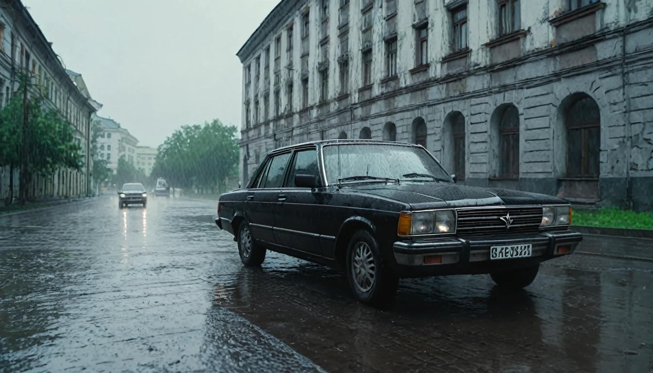Black car from the 90s, driving against the background of old Soviet buildings, rain, rainy weather, rain, cinematic scene, cloudy weather