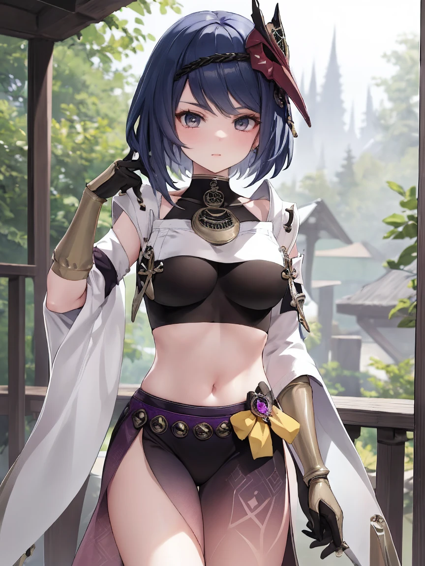Nine-stripe leno|Genshin Impact, ((best quality)), ((masterpiece)), (detail:1.4), navel,forest,rain,wet