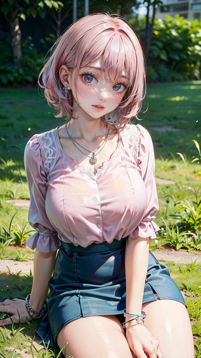 (Masterpiece, BestQuality:1.3), (ultra detailed:1.2), (hyperrealistic:1.3), (RAW photo:1.2), High detail RAW color photo, professional photograph, (Photorealistic:1.4), (realistic:1.4), (Pink Hair:1.5), professional lighting, perfect anatomy, (Big Breasts:1.2), (blush, detailed face), (cheerful Smile:1.5), Trending Hair&Trending Hairカラーをランダムに, earrings, necklace, bracelet, sexly, erotic sexly, Random sexy gravure poses, (Beautiful woman wearing a pastel blue lace blouse and mini skirt、A smile blown by the wind on top of a hill、Silver necklace、Sitting on the grass。: 1.3)