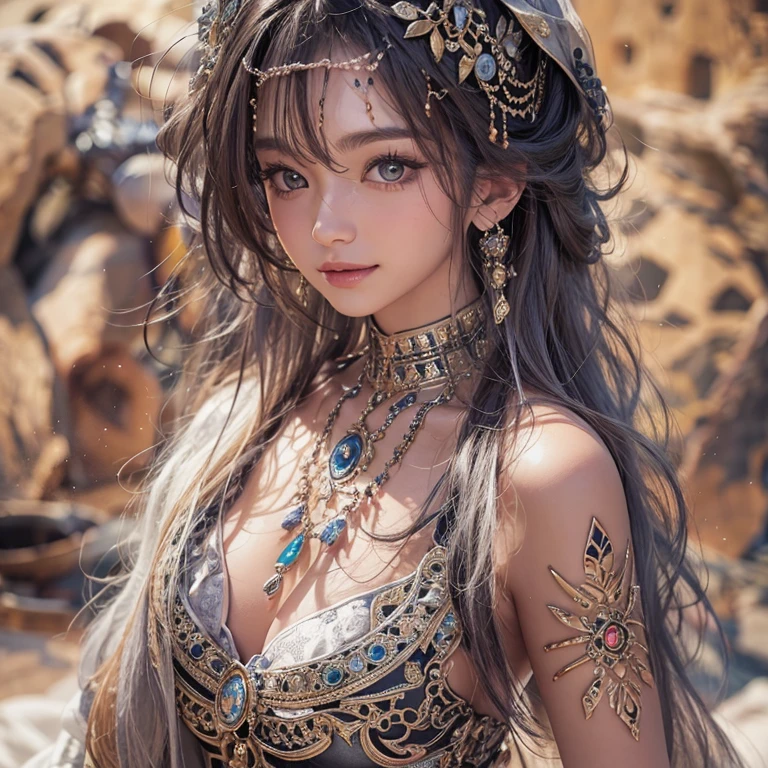 Hiding in the desert、Hair flow、 ((highest quality、masterpiece、8k、Best image quality、Ultra-high resolution、Award-winning works)、(Accurate anatomy:1.1)、(Look at me and smile:1.1)、Shining fair skin with Ultra-high resolution、The most detailed face、Ultra-high resolution detailed face、Ultra-high resolutionの髪の毛、(Ultra-high resolutionの煌めく瞳:1.1)、Beautiful face drawn in every detail、(Blurred Background:1.1)、Ancient Islamic clothing, Chest to Chest, tattoo, Old ruins in the background、Sitting black panther 