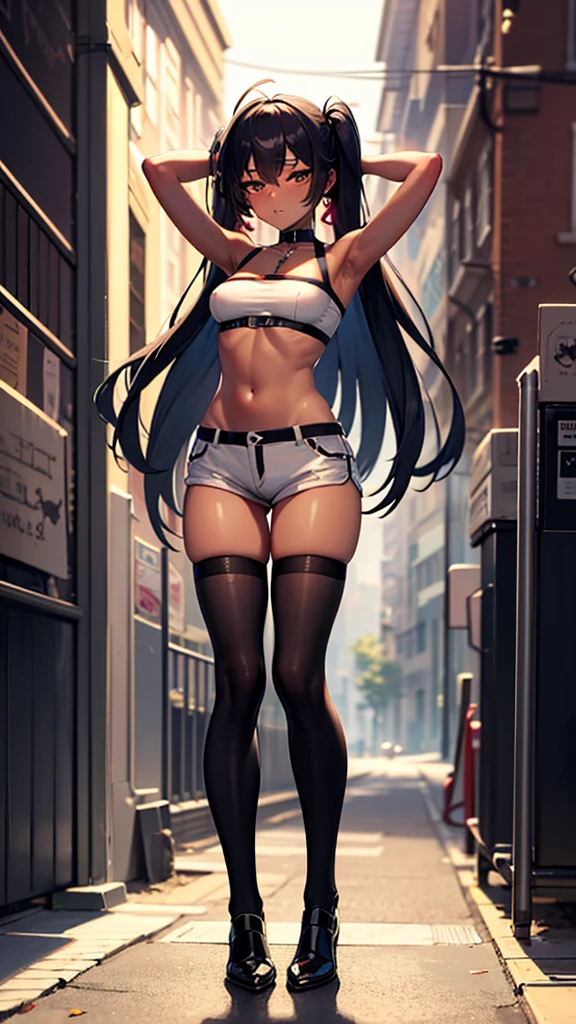 masterpiece, best quality, ultra detailed, 1girl, dark skin, twin tails, thighhighs, (micro short shorts), tube top, full body, street, medium breasts, armpit,