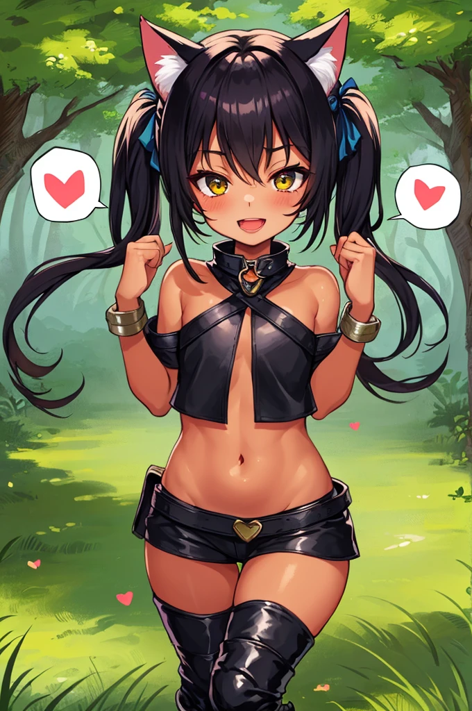 1girl,,tanned body,twintail,,,outdoor,looking viewer,,,(((slave,fantasy))),glossy lips.(spoken heart),smirk,open mouth,nature,(nsfw),cat ears,thigh boots,crop top
