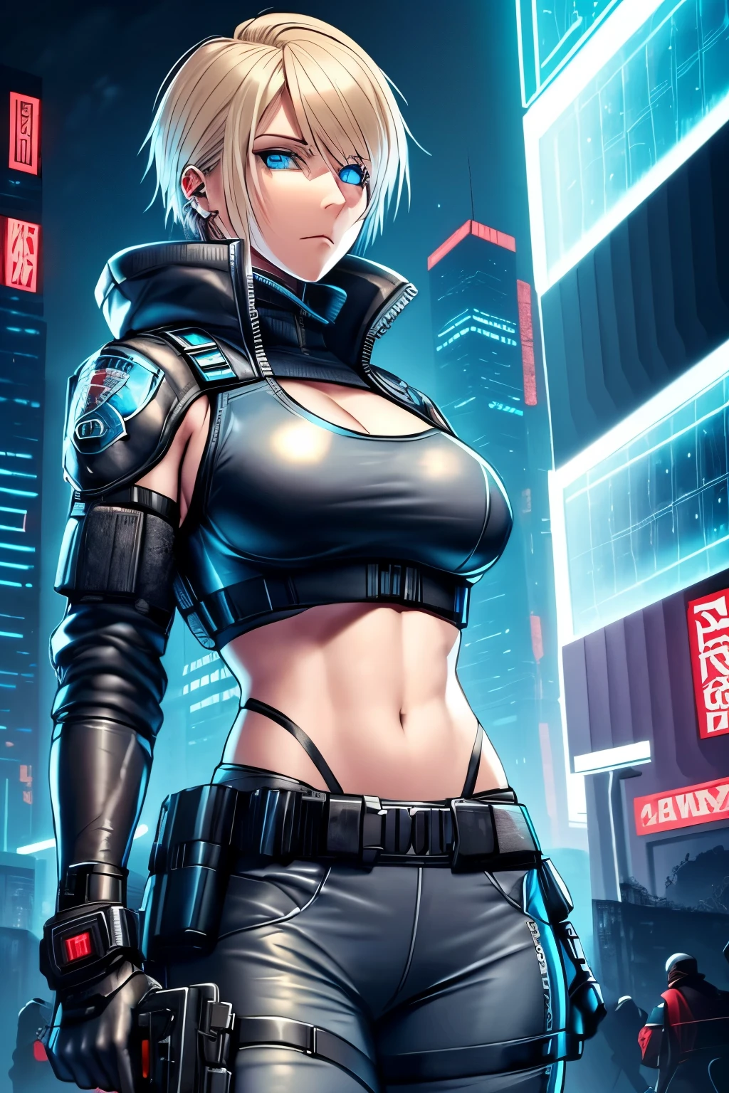 Cyberpunk female with medium height with a toned, athletic build from years of rigorous training. She has piercing blue eyes that seem to size up situations instantly, and short-cropped blonde hair that she keeps practical for her active lifestyle. She often wears her police uniform with a bulletproof vest and carries herself with a confident and commanding presence.
