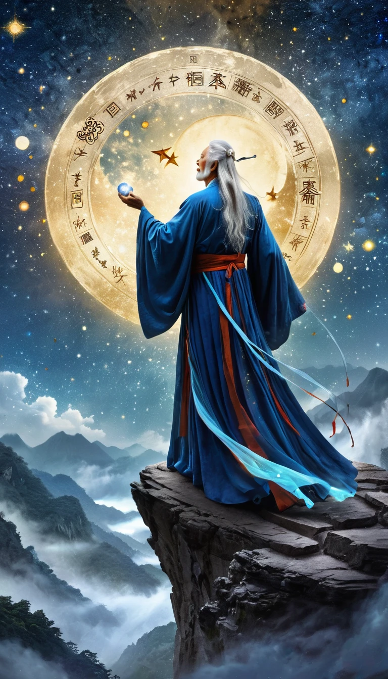 Chinese Mythology，Oriental Fortune Teller，Daofeng fairy bone，Master，The old man stands on the cliff and looks up at the starry sky with long white hair，Back silhouette，Black loose Hanfu robe，Look up at the stars，Galaxy Tai Chi Bagua Diagram，artistic conception，Array，Runes，Luminescence，dream,Suspended Planet，
