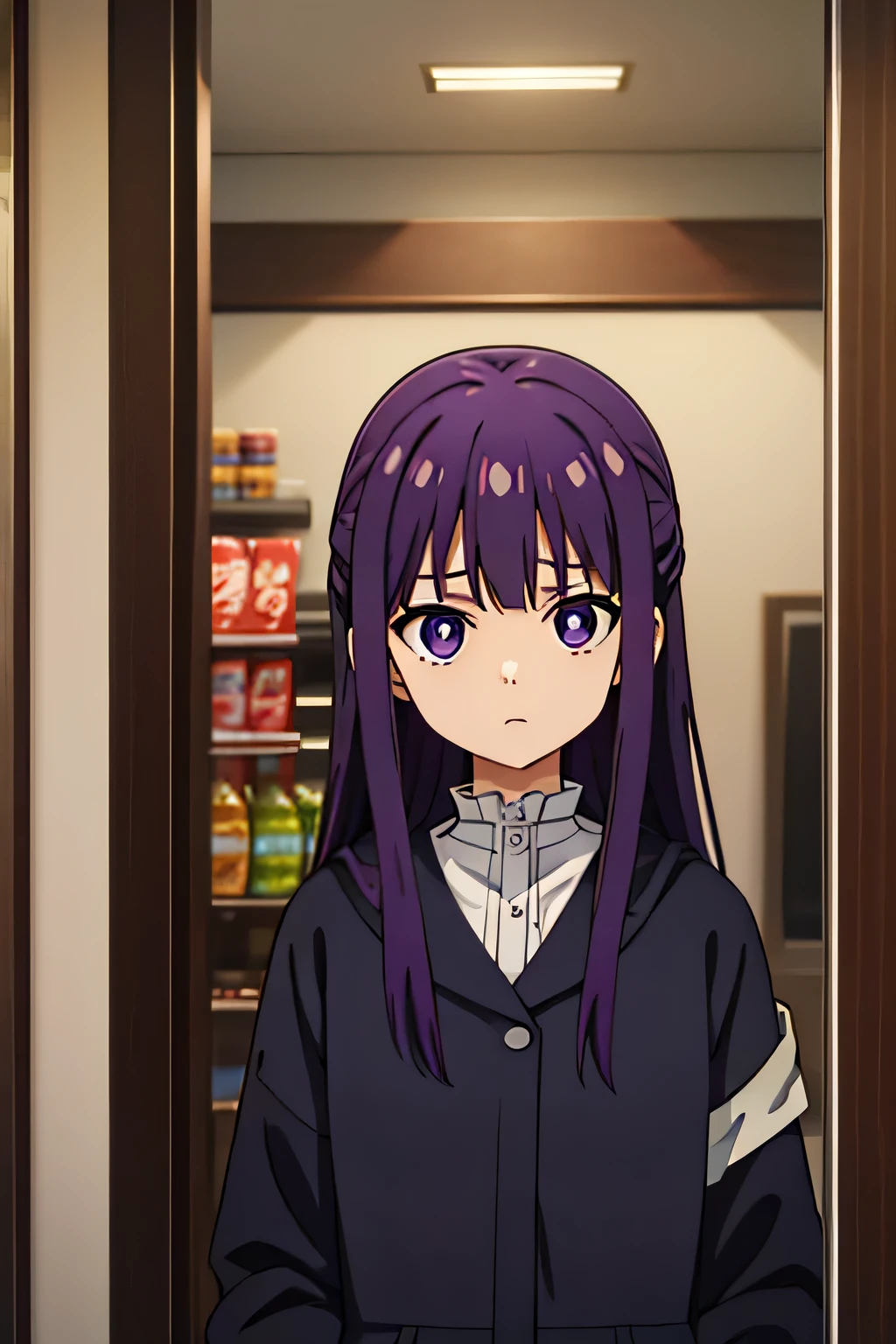 (masterpiece, 最high quality:1.2), A person with long purple hair and a white shirt, Purple eyes, Bull, wear , Super detaileded, 最high quality, Expressive eyes, Perfect Face, ultra high quality, Super detailed, high quality, 最high quality,  on the other hand、It is not easy for convenience store clerks to intervene in dangerous situations.、Some have pointed out that this judgment is difficult.