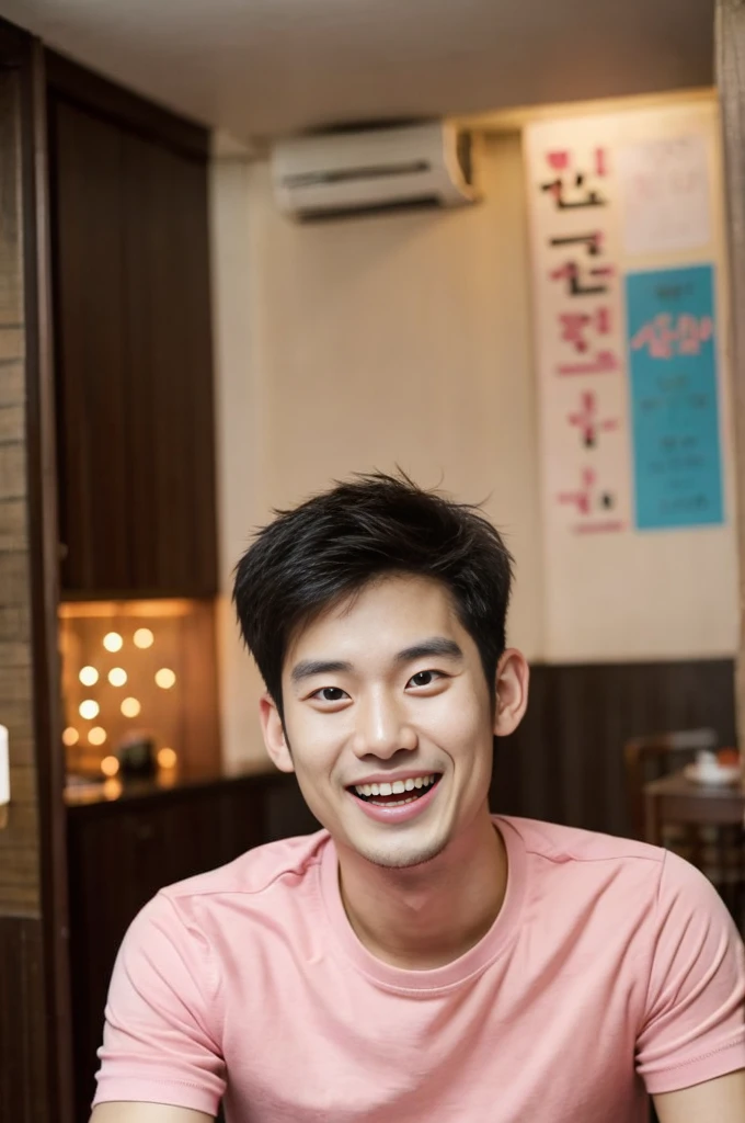 Korean man, Inspiration from Peng Yuyan, 30 years old, 236 years old, Cute Korean Face, 35 yo, 33 year old Korean muscular man,The dining room is in the back. pink t-shirt, open mouth smile