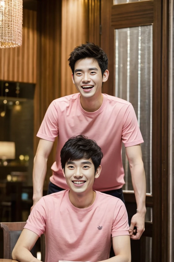 Korean man, Inspiration from Peng Yuyan, 30 years old, 236 years old, Cute Korean Face, 35 yo, 33 year old Korean muscular man,The dining room is in the back. pink t-shirt, open mouth smile