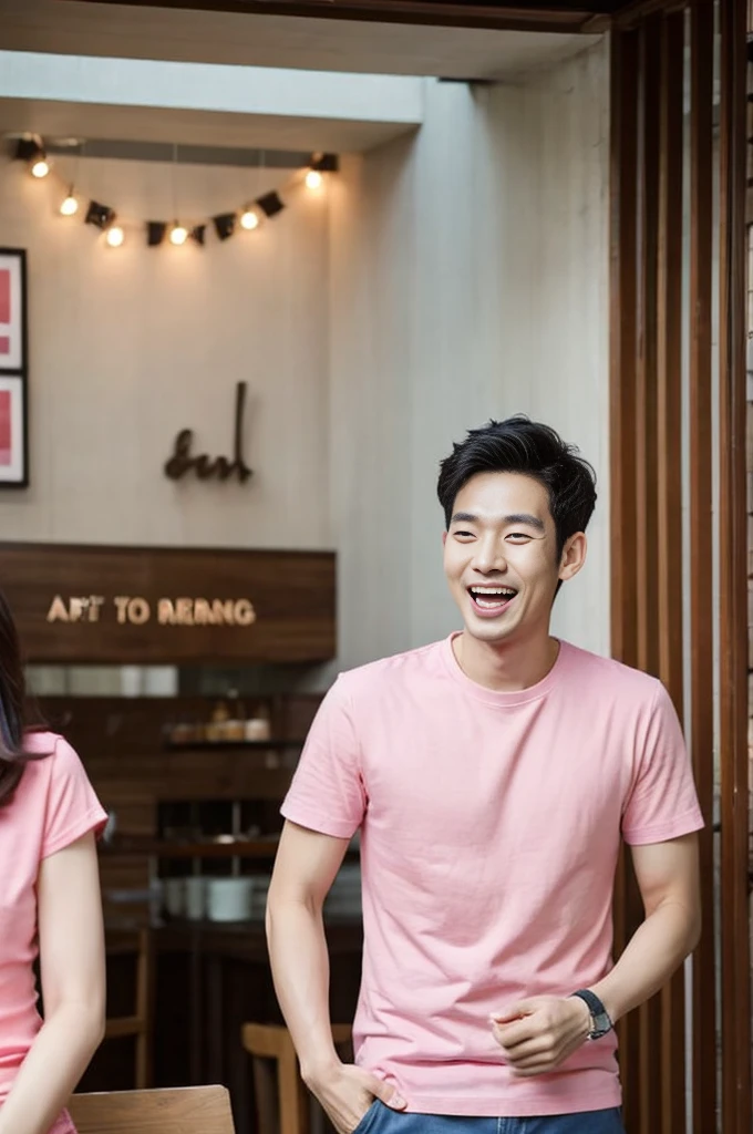 Korean man, Inspiration from Peng Yuyan, 30 years old, 236 years old, Cute Korean Face, 35 yo, 33 year old Korean muscular man,The dining room is in the back. pink t-shirt, open mouth smile