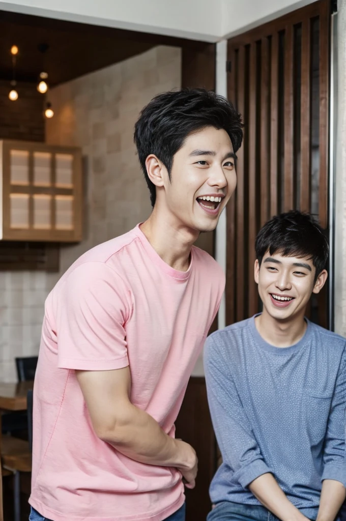 Korean man, Inspiration from Peng Yuyan, 30 years old, 236 years old, Cute Korean Face, 35 yo, 33 year old Korean muscular man,The dining room is in the back. pink t-shirt, open mouth smile