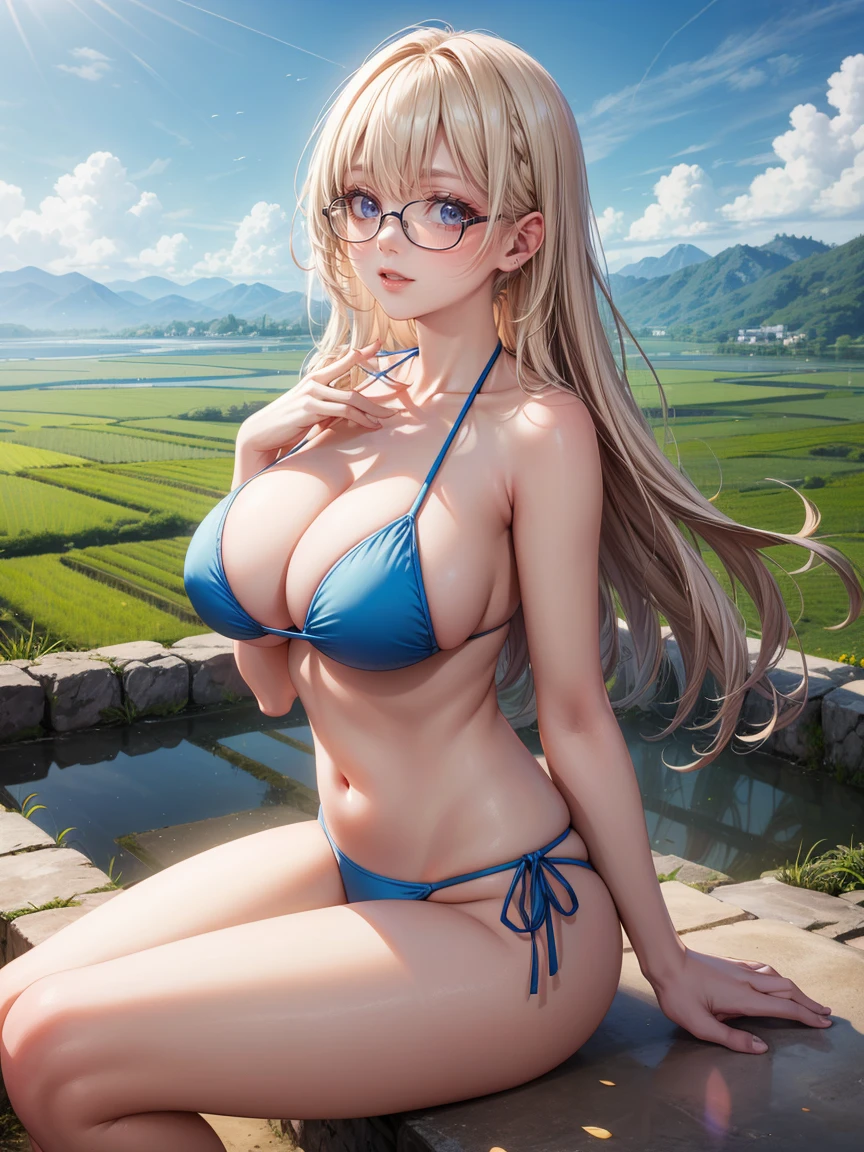 top-quality, Full limbs, complete fingers, 1girl in, ((one beautiful women, solo)), Beautiful Large , straight haired, blondehair, (blue bikini), countryside, rice fields, Naughty Poses, A big smile, glasses