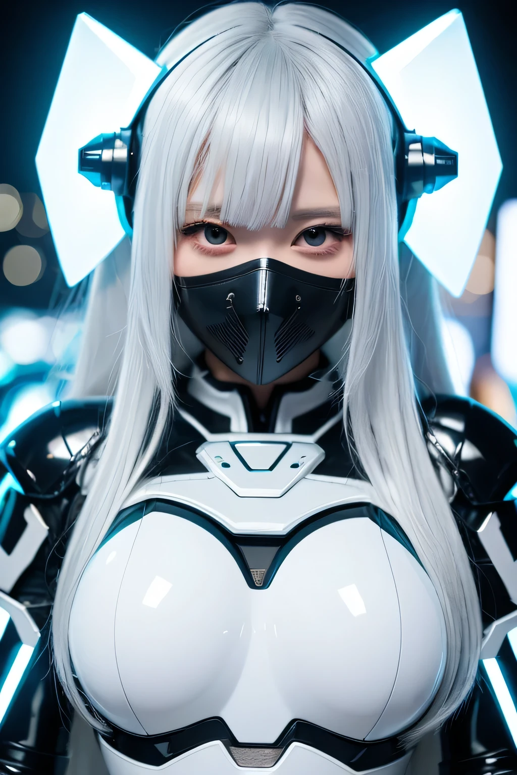 oxgen mask, ultra-detailed, sexy, ero, a cute girl, 1girl, solo, robot suit, robot, beautiful eyes, transparent hair, translucent hair, latex, white hair, head mounted display, empty eyes, crazy eyes, torogao, anime style, anime, masterpiece, best quality, UHD, 8k
