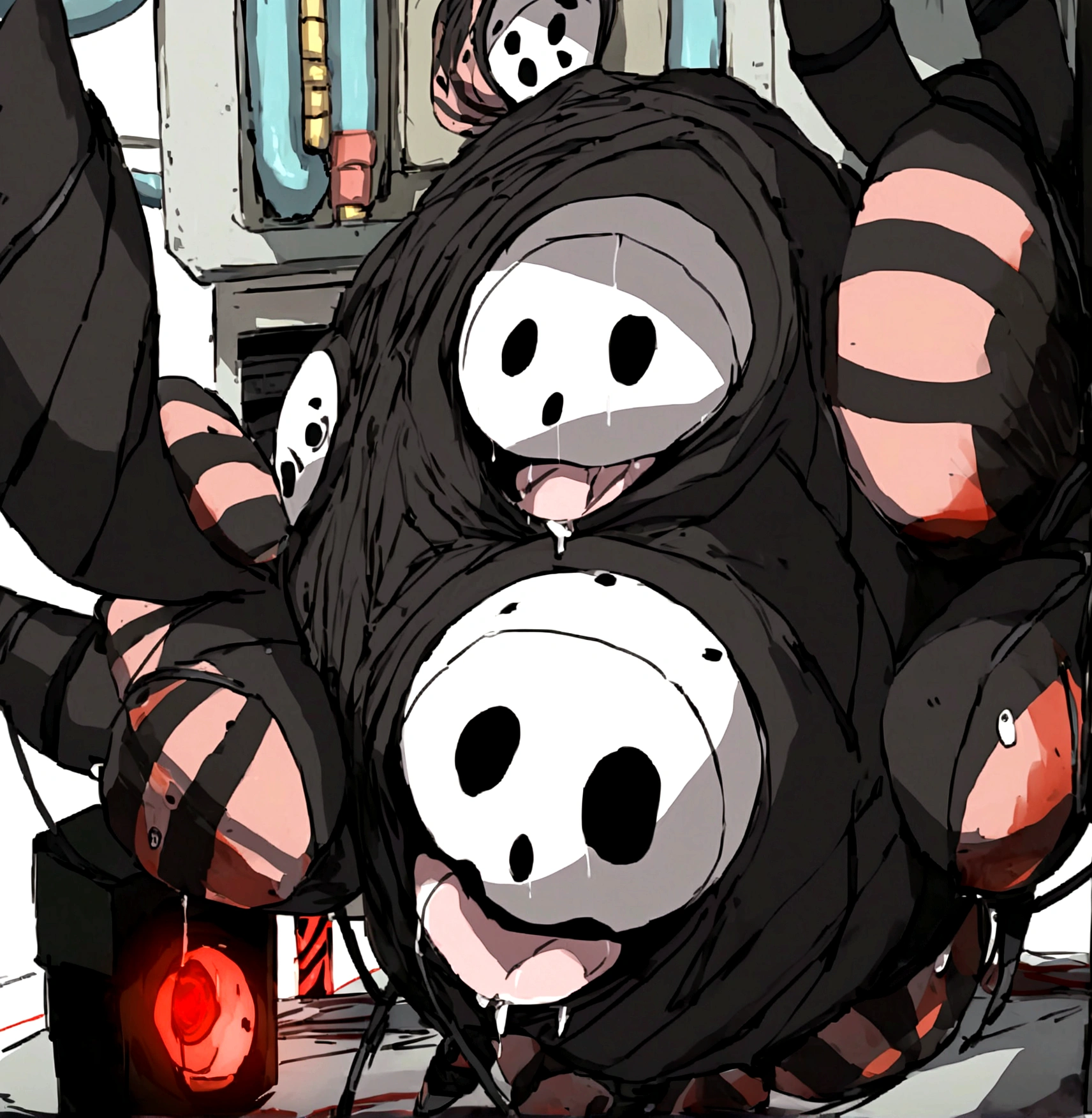 masterpiece,best quality,Full of smiling faces,Black all over,It's a spherical black monster.,The body is dripping down like asphalt,Has a big mouth that accounts for a large proportion of the body,There's a laser cannon barrel inside.