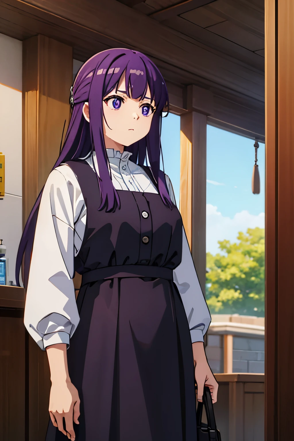 (masterpiece, 最high quality:1.2), A person with long purple hair and a white shirt, Purple eyes, Bull, wear , Super detaileded, 最high quality, Expressive eyes, Perfect Face, ultra high quality, Super detailed, high quality, 最high quality,  on the other hand、It is not easy for convenience store clerks to intervene in dangerous situations.、Some have pointed out that this judgment is difficult.