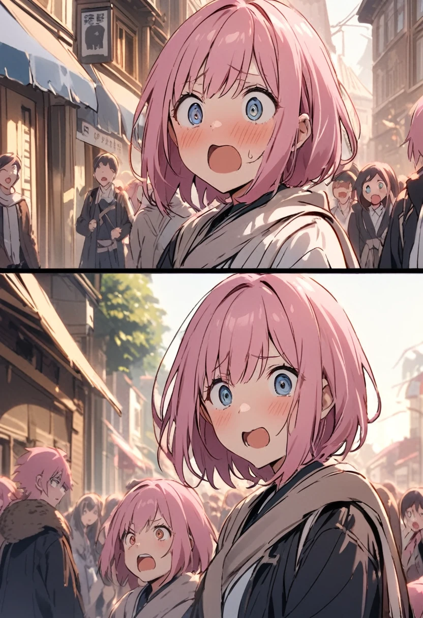 The pink haired woman screamed.、The people around me were surprised.、In town