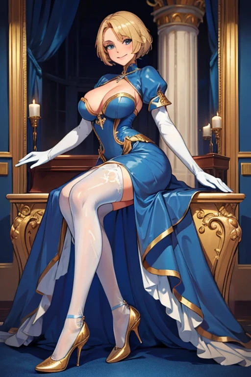 female, golden blonde short hair, blue eyes, (((1girl))), (((blue regal dress))), (white opera gloves), (white tights), (blue heels), (silver and gold jewelry), cute and sexy, full body, huge breasts, long legs, smiling