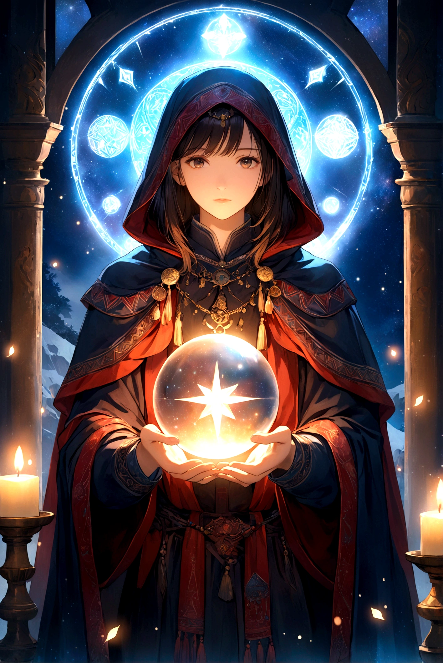 Astrologer, mystery, ancient, Starry sky background, Hold a crystal ball, Staring into the distance, The cloak flutters, night, Candlelight, ancient书籍, Star motif, Magic Runes, mystery氛围, Detailed description, High quality details, Artistic effects
