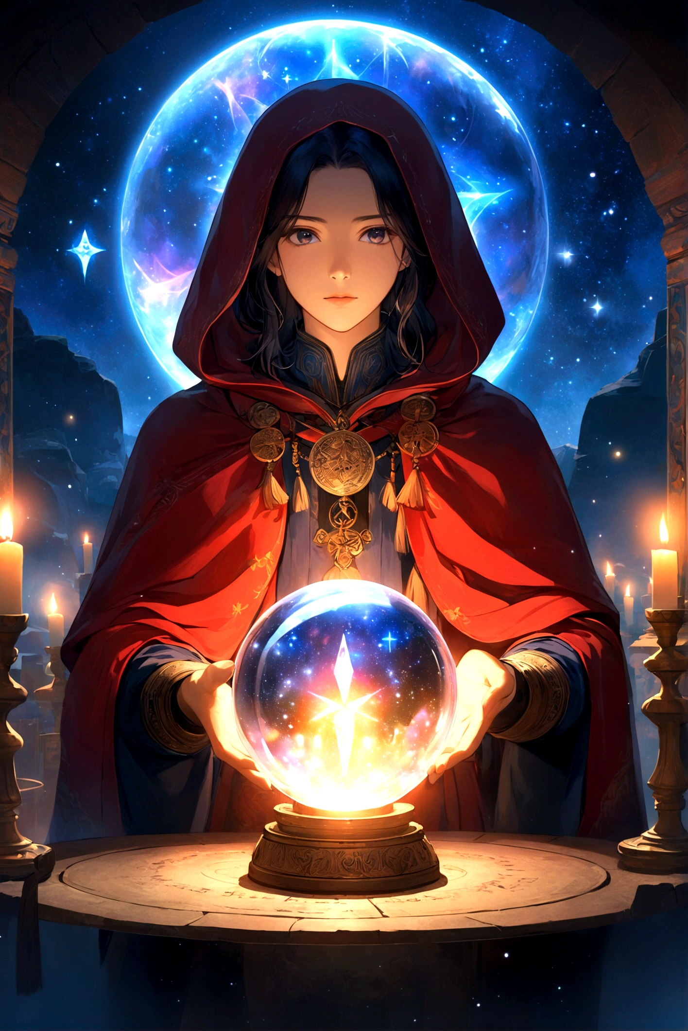 Astrologer, mystery, ancient, Starry sky background, Hold a crystal ball, Staring into the distance, The cloak flutters, night, Candlelight, ancient书籍, Star motif, Magic Runes, mystery氛围, Detailed description, High quality details, Artistic effects
