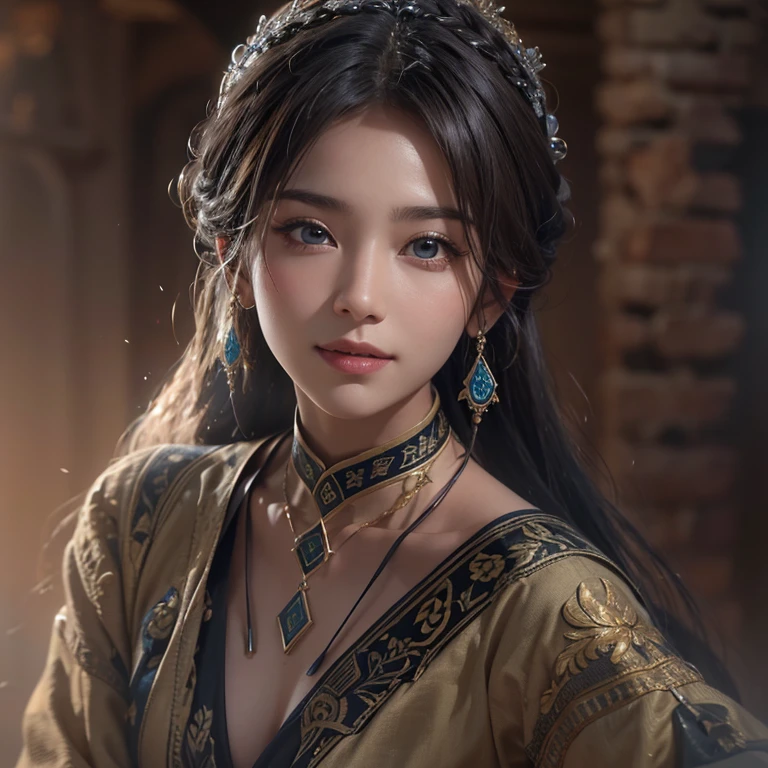Hiding in the desert、Hair flow、 ((Highest quality、masterpiece、8K、Best image quality、Ultra-high resolution、Award-winning works)、(Accurate anatomy:1.1)、(Look at me and smile:1.1)、Shining fair skin with Ultra-high resolution、The most detailed face、Ultra-high resolution detailed face、Ultra-high resolutionの髪の毛、(Ultra-high resolutionの煌めく瞳:1.1)、Beautiful face drawn in every detail、(Blurred Background:1.1)、Ancient Islamic clothing, Chest to chest, tattoo, Old ruins in the background、Black Authentic Dress Up Elegant Underarm