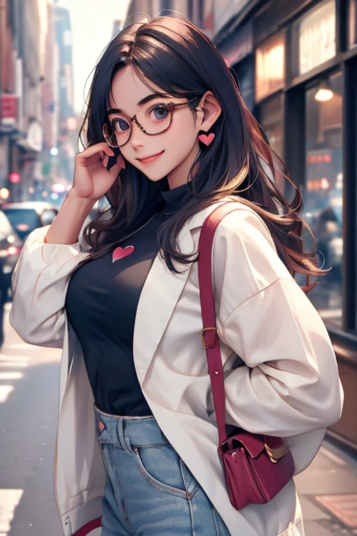 Highest quality、masterpiece、High sensitivity、High resolution、Detailed Description、Slender women、Slim Body、Glasses、Casual clothes、Heart shape with hands、smile、