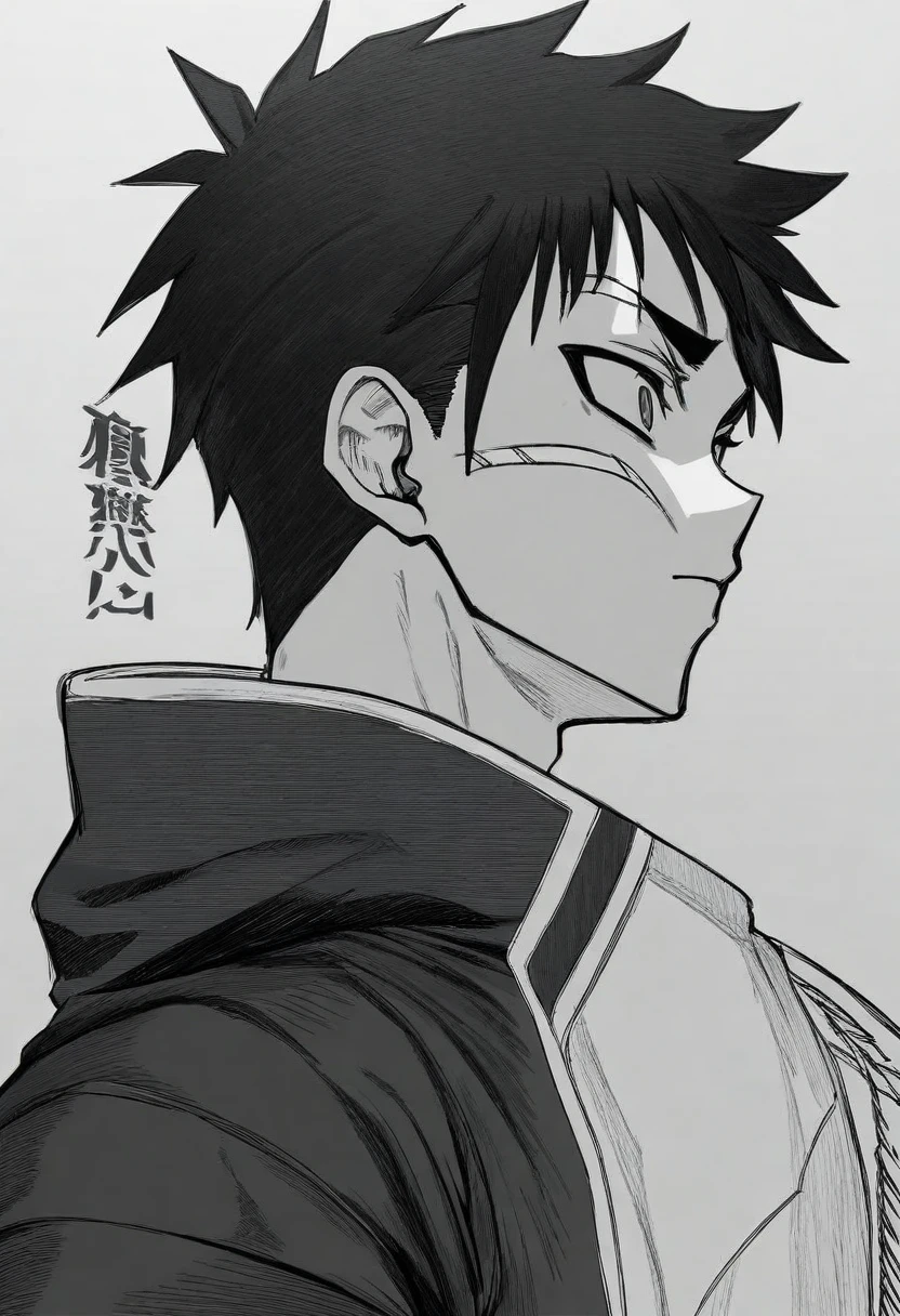My hero academia, Athletic teenager, monochrome, unfinished, hatching (texture), lean build. short, spiky black hair tilted backwards, sharp, dark grey eyes. a small scar on his left eyebrow, U.A. High uniform with a custom jacket over it.
