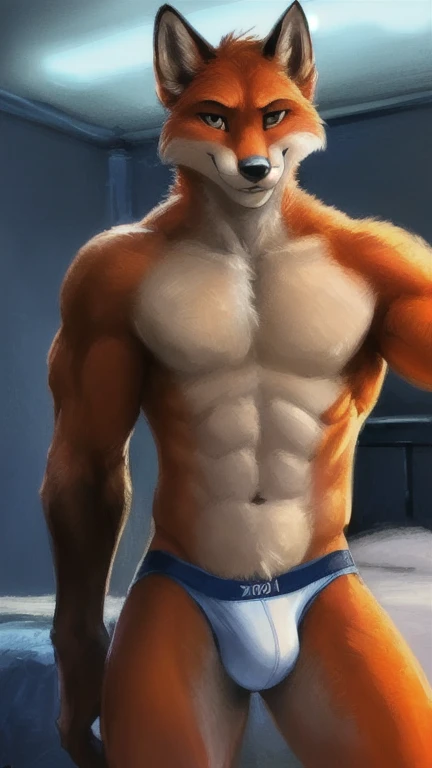 Masterpiece, best quality, male fox den 1.3, posted to e621, zaush, kenket, suggestive pose 1.2, sexy, seductive 1.5, seductive smile, suggestive smile, red, (((underwear, medium bulge, muscular, solo, bedroom, displaying standing muscles, night, not nsfw, alone)))