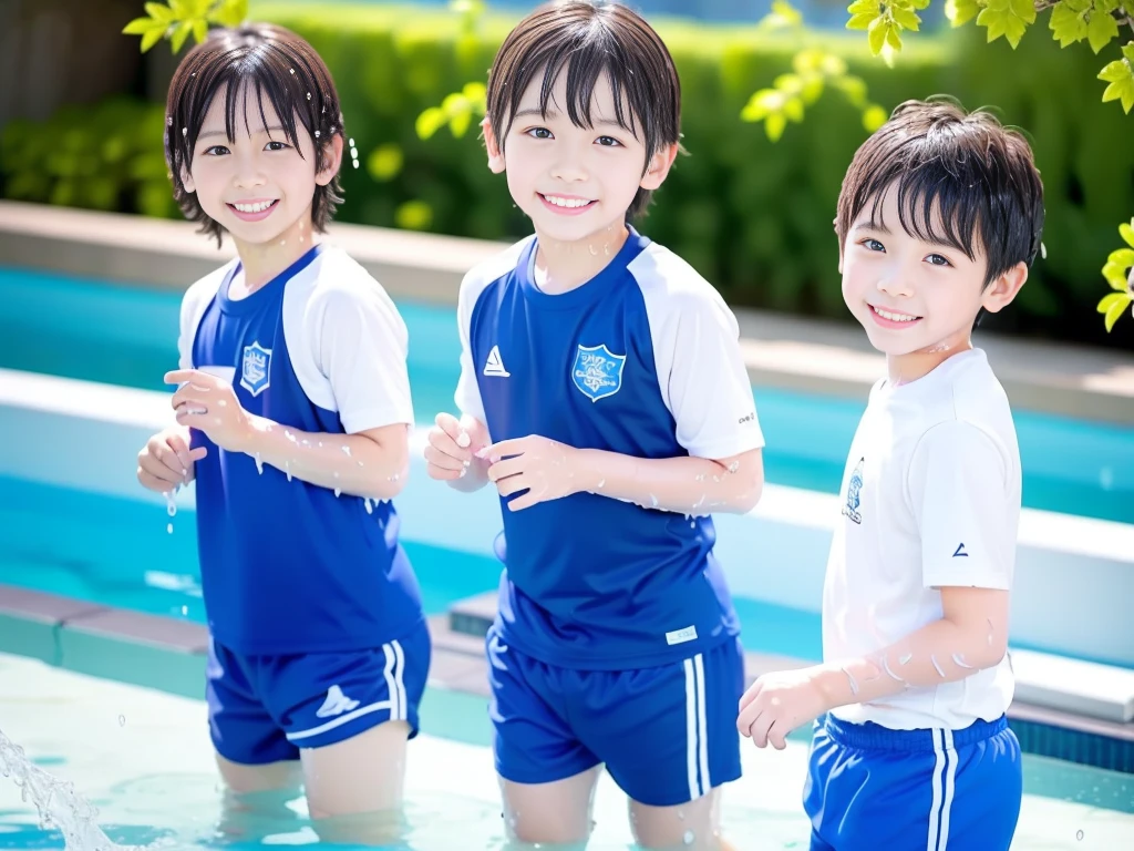 hot summer、primary school、Summer swimming pool、Fun every day、Get wet all over、Japan Boy、Glowing water splashes、Pool lessons、Boy playing in water、The happy boys、Strong sunlight、Short sleeve gym uniform、Blue shorts、barefoot,Boys only 、10age、high resolution、masterpiece