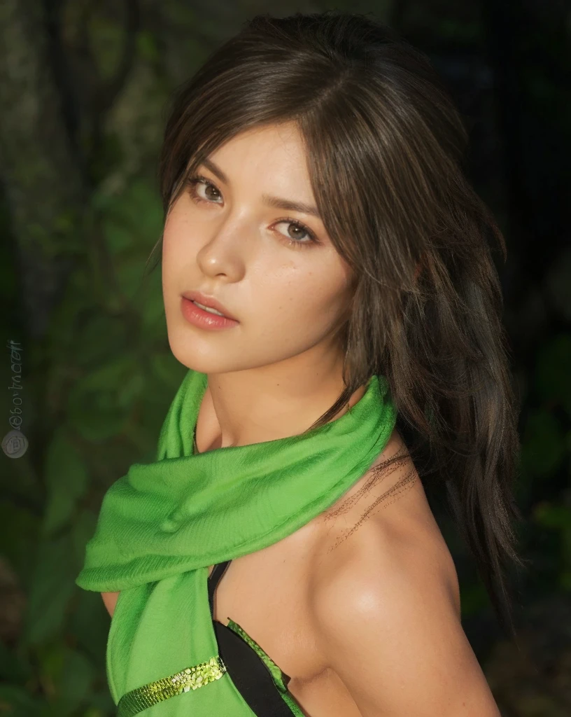 Lara Croft, brown eyes, (best quality, ultra-detailed), (realistic:1.37), beautiful and detailed face, ultra-realistic texture, delicate face, delicate body, red lipstick, bright colors. high definition, 8K, angy expression 