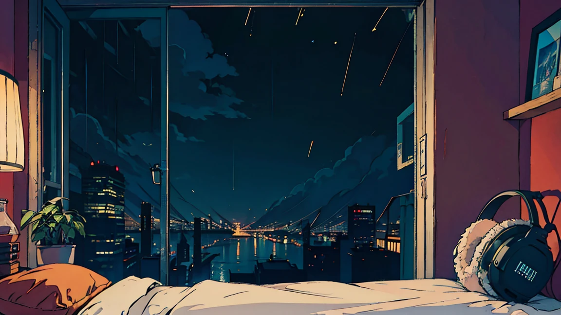 Lofi Song, Sitting on the bed. Looking out the window, Drink coffee. Listening to music through headphones, Looking out the window and seeing the rain falling,night,