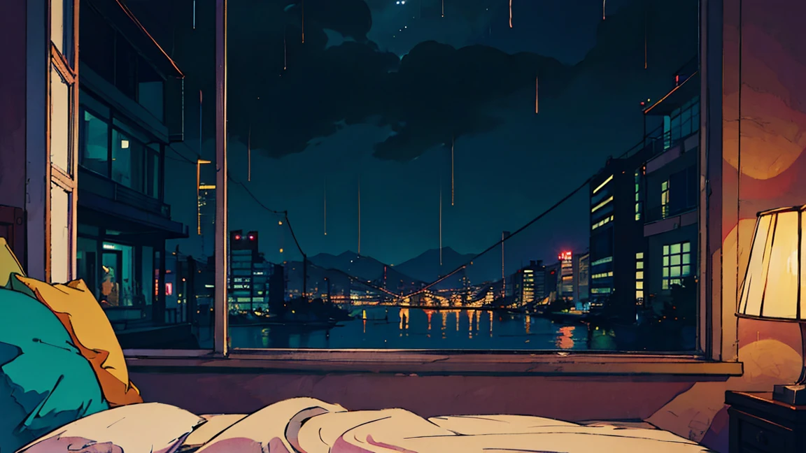 Lofi Song, Sitting on the bed. Looking out the window, Drink coffee. Listening to music through headphones, Looking out the window and seeing the rain falling,night,
