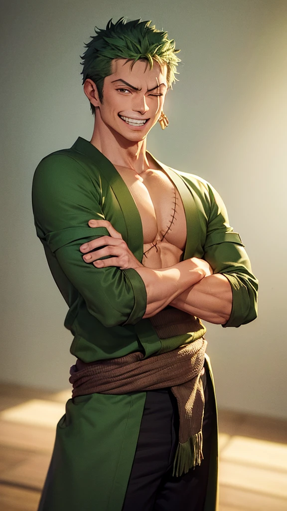 (masterpiece, best quality:1.2), cowboy shot, solo, male focus, 1boy, roronoa zoro, scar, muscular male, grin, looking at viewer, one eye closed, scar across eye, crossed arms, japanese clothes, green kimono